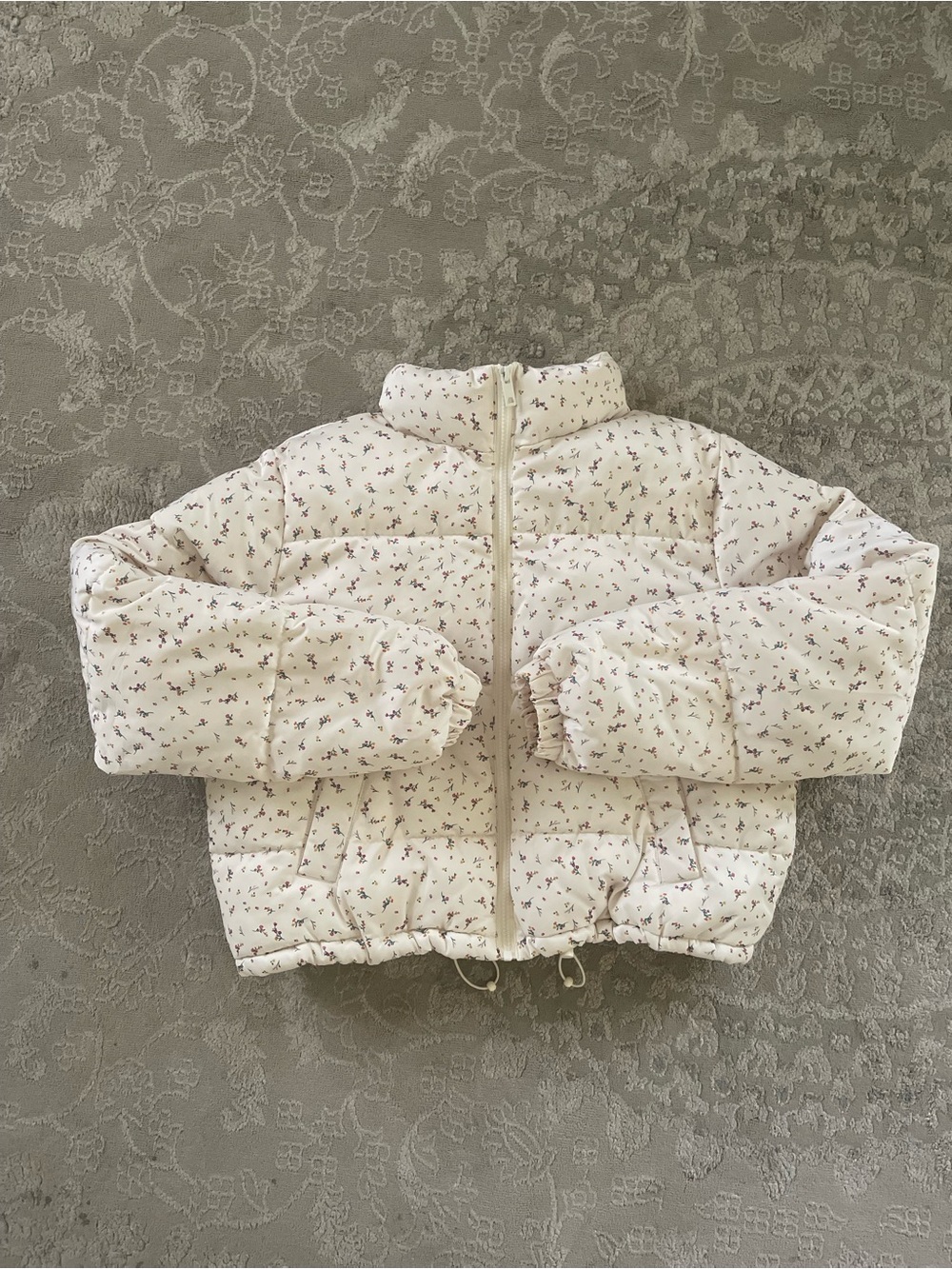 Women’s Floral Flower Puffer Jacket - Ivory No Boundaries L 12-14